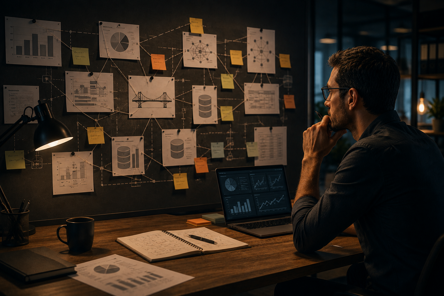 Profissional analisando em dois monitores uma investigação encadeada sobre queda de margem, com cinco etapas de diagnóstico — onde caiu, preço ou custo, motivo do custo, mudança de mix e comparação de confirmação — além de gráficos de canal, preço médio versus custo unitário e composição de custo.