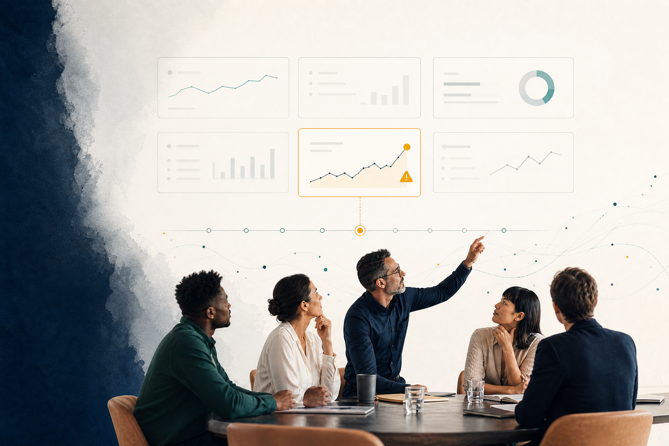 Profissional de negócios analisando uma queda inesperada em resultados comerciais, com gráficos discretos ao fundo.