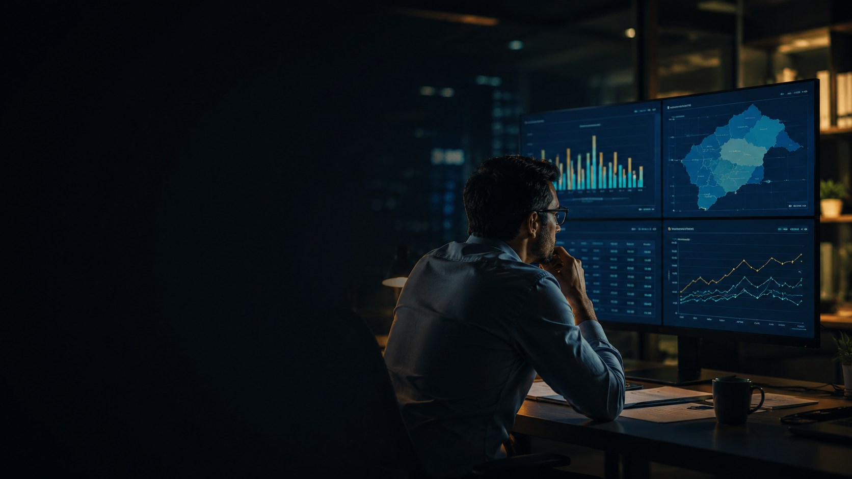 Equipe comemorando um resultado de vendas de R$ 1 milhão contra uma meta de R$ 340 mil em uma tela, enquanto um executivo observa pensativo, com uma ponte simbólica ligando conceito, contexto, confiança e governança entre os dois painéis.