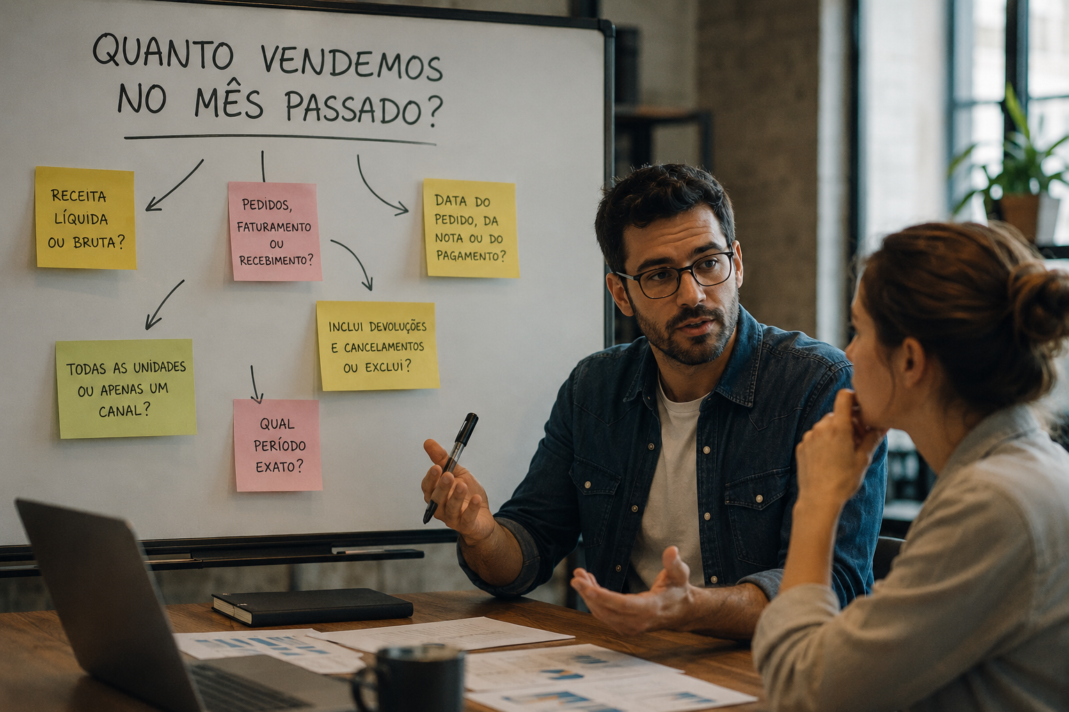 Dois profissionais em reunião diante de um quadro branco com a pergunta "Quanto vendemos no mês passado?" e post-its com as decisões implícitas: receita líquida ou bruta, período exato, o que inclui ou exclui.